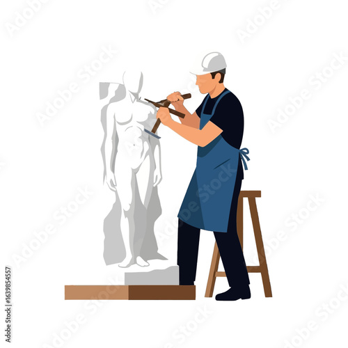 Sculptor meticulously chiseling a marble human statue, artistic creation in progress.