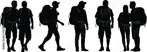 Hiking and backpacking silhouette vector collection, outdoor travelers with backpacks, trekking couple and group poses, camping adventure clipart, black and white illustration