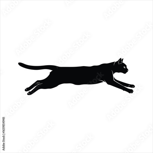 Dynamic black silhouette of a sleek cat in full stride silhouette