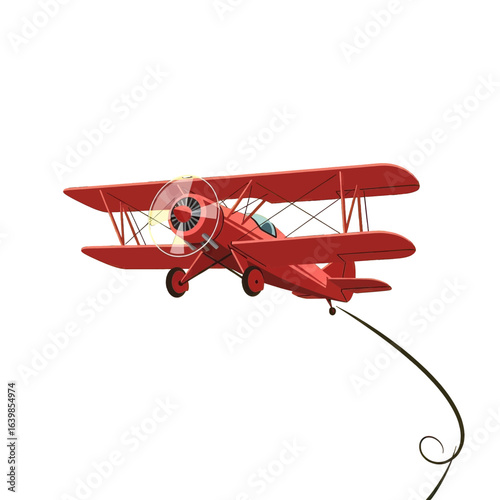 A classic red biplane with a spinning propeller flies through the air, trailing a thin, curved vine with a curled end.