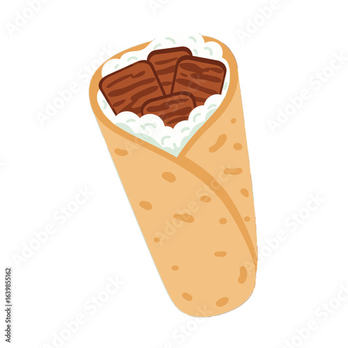Illustration of a delicious wrap with meat and white sauce, isolated on white.