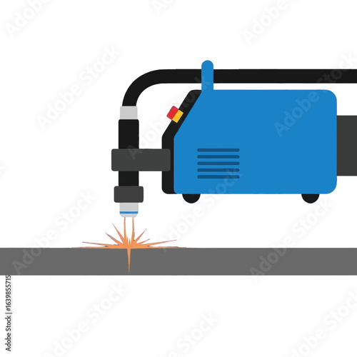 Industrial plasma cutter machine slicing through a metal sheet with sparks.