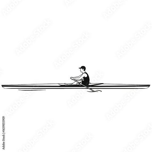 A lone athlete in a sculling boat, propelling themselves forward with oars on the water.