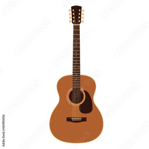 A brown acoustic guitar with a dark brown pickguard and headstock, set against a plain white background.