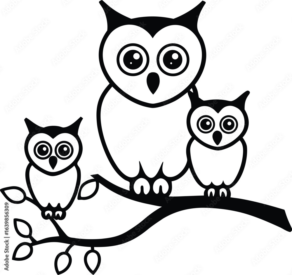 Fototapeta premium A family of Owls perched on the branches of a tree silhouette