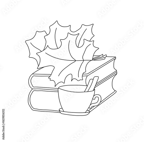 Outline of maple leaves lie on a stack of books and mug with cinnamon sticks. Vector illustration on a white background