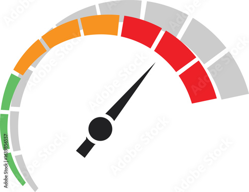 High-risk indicator gauge pointing to the red zone. A vector illustration of a speedometer for measuring performance, speed, or risk level.