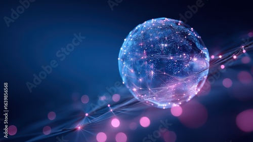 A glowing digital sphere composed of interconnected points and lines floats above a dynamic, illuminated background with vibrant blue and pink hues