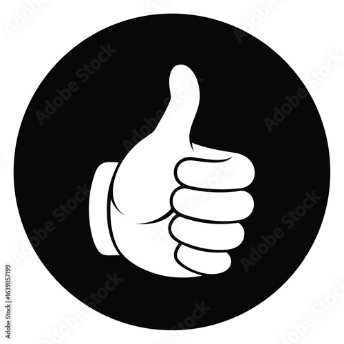White thumbs up icon on black circle background
