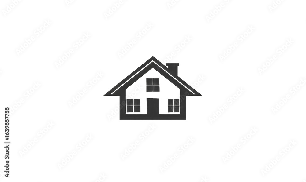 Simple, stylized house graphic on black background. Small, colorful specks on the house and roof Simple, stylized house graphic on black background. Small, colorful specks on the house and roof