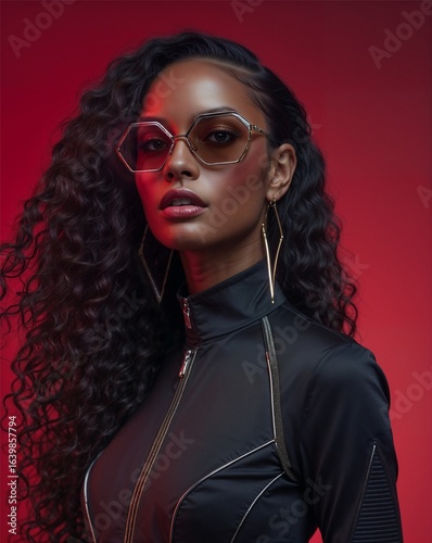 Fashionable black woman with long curly hair poses against a red backdrop wearing geometric sunglasses, bold gold earrings, and a sleek black zip-up top with modern detailing