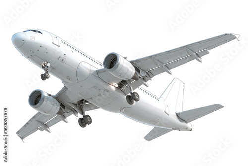 White airplane in flight, angled view