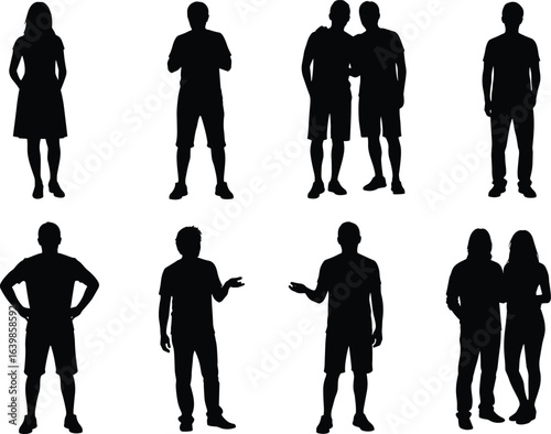 People silhouettes set, men and women standing, talking, interacting in various poses, casual clothing, black vector illustration, human body language and communication concept