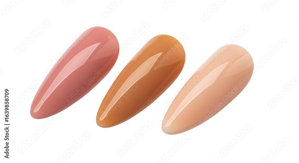 Fototapeta premium Three almond shaped gel nail polish swatches isolated on transparent background