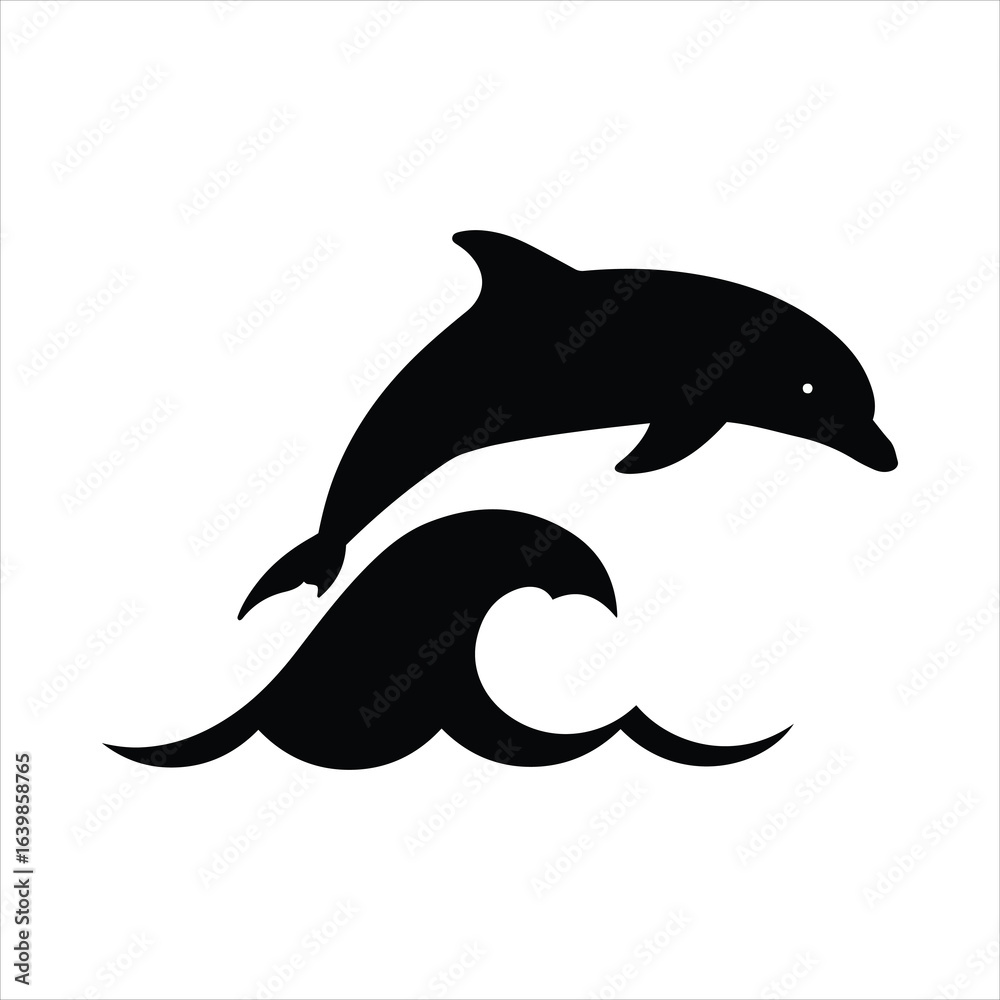 Obraz premium A playful dolphin leaps from a crashing wave in a simple black silhouette
