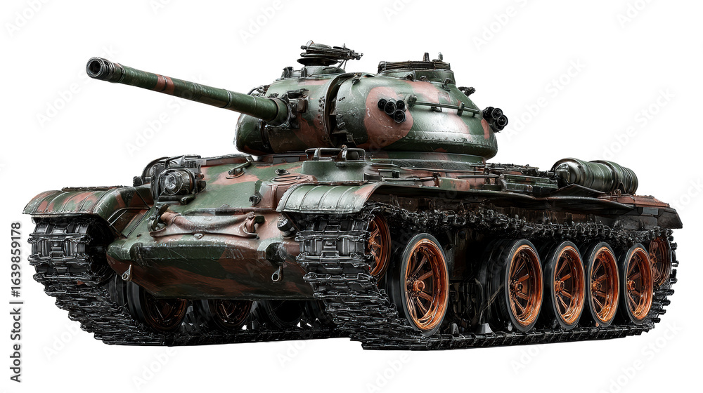 Military tank with camouflage paint and copper wheels on transparent background Military tank with camouflage paint and copper wheels on transparent background