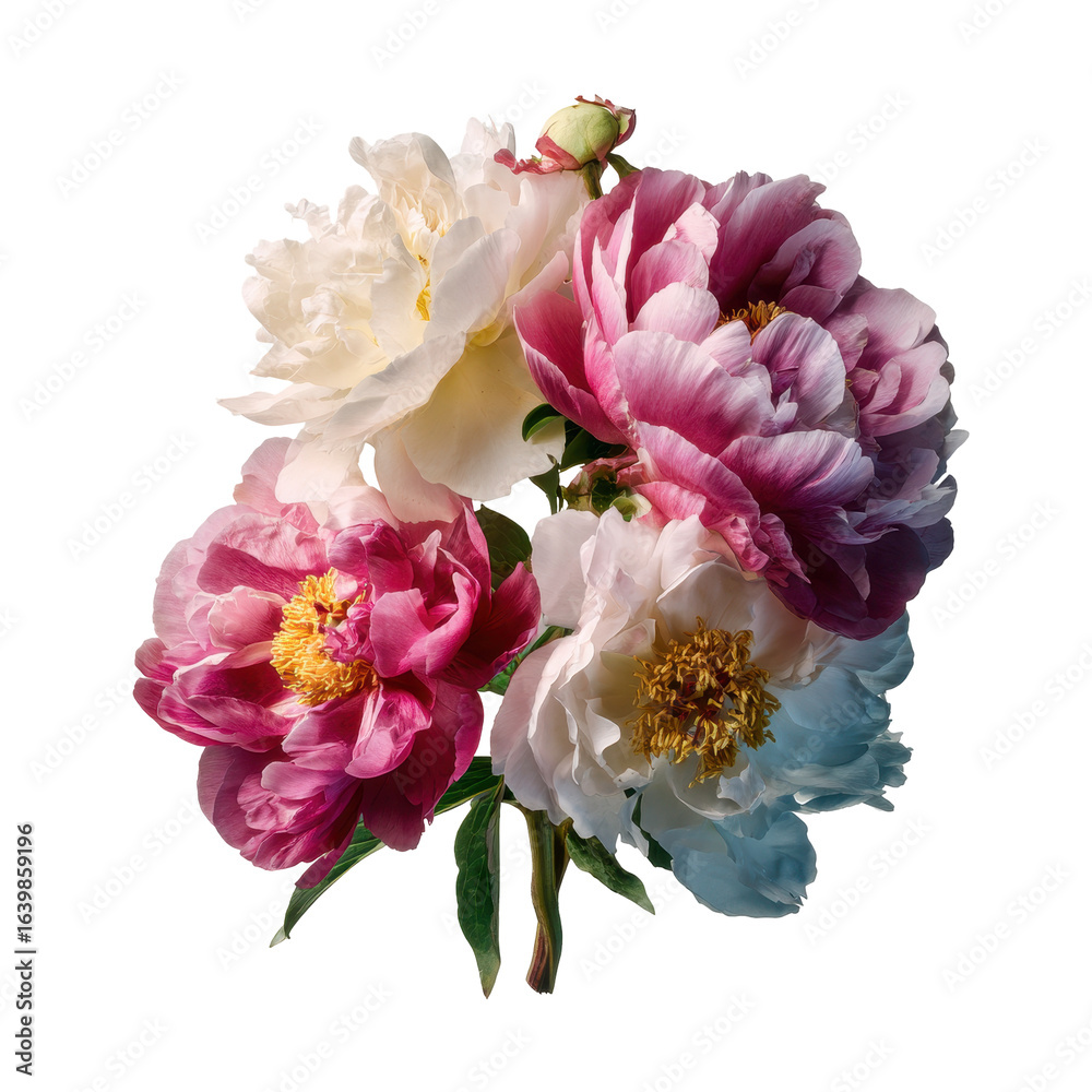 Fototapeta premium Peony bouquet with vibrant blooms in various colors against a simple background