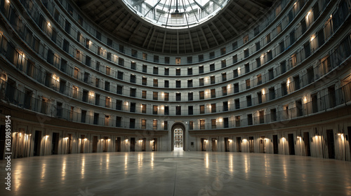 The architectural concept of Foucault's Panopticon, a circular prison built for constant surveillance.