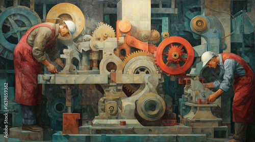 A surreal visualization of Marx's theory of Alienation, with factory workers becoming part of the machine.