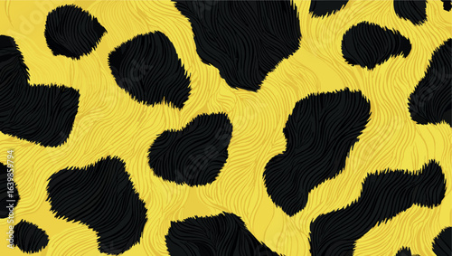 Bold cowhide-inspired pattern in black and yellow, with stylized fur-like textures and irregular spots, perfect for modern fashion prints, graphic design, or eye-catching decorative applications.