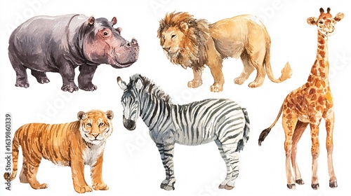 Professional Safari Animal Set with Hippopotamus, Elephant, Lion, and Giraffe in Realistic 3D Rendering