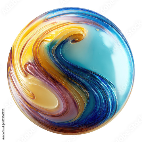 Colorful swirling sphere captures vibrant ocean and sunset hues in abstract design