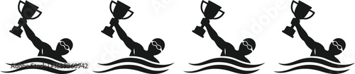 Swimmer Holding Trophy Silhouette Icon Vector Set – Aquatic Sport Achievement