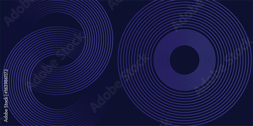 Digital abstract background featuring intertwined spiral shapes and concentric circles in gradient neon hues of purple and blue on a dark navy backdrop