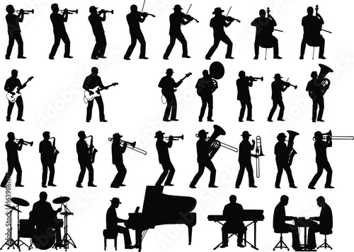 Musician silhouettes set, playing trumpet, violin, guitar, saxophone, trombone, tuba, drums, piano, keyboard, various performance poses, black vector illustration, music band concept