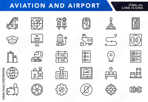 Aviation and airport linear icon set. Airplane, airline, pilot, control tower, travel, boarding pass, flight, luggage, jet, runway, navigation, air traffic vector icon set. UI thin line icon pack