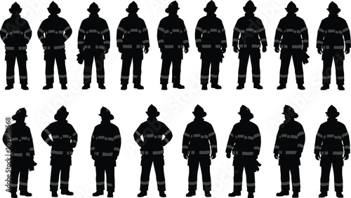 Firefighter silhouettes set, men and women in firefighting uniform, helmet and protective gear, various standing poses, black vector illustration, emergency service concept