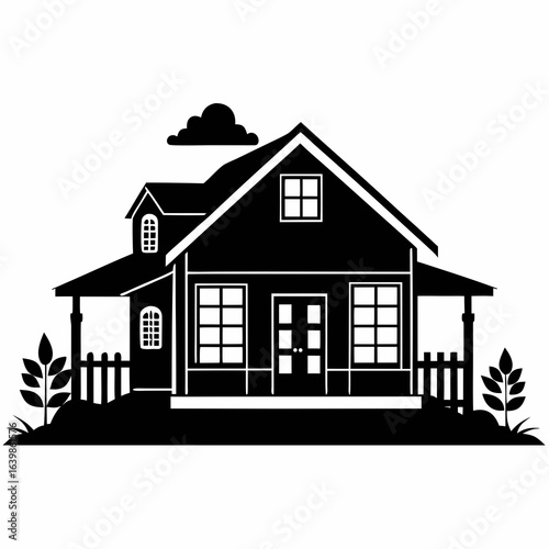 Black and white illustration of a house and cloud