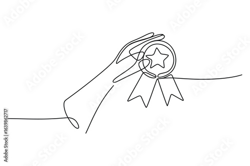 Continuous one-line drawing of a hand holding a gold medal. A simple minimalist line art.
