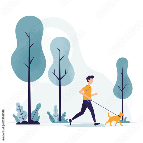 Man jogging with dog among green trees illustration