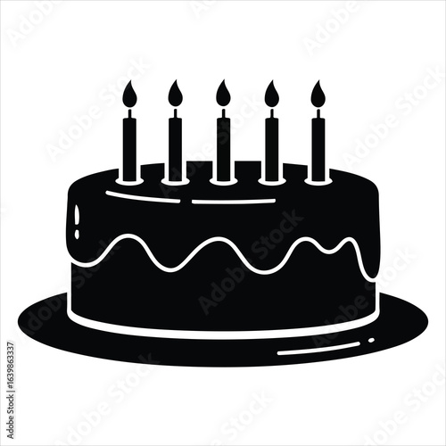 A festive birthday cake with lit candles in a bold black silhouette