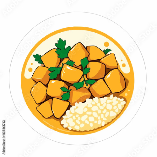 Colorful plate of diced vegetables with herbs and rice  