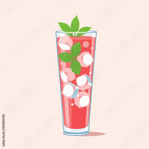 Refreshing red beverage with ice and mint leaves in glass  