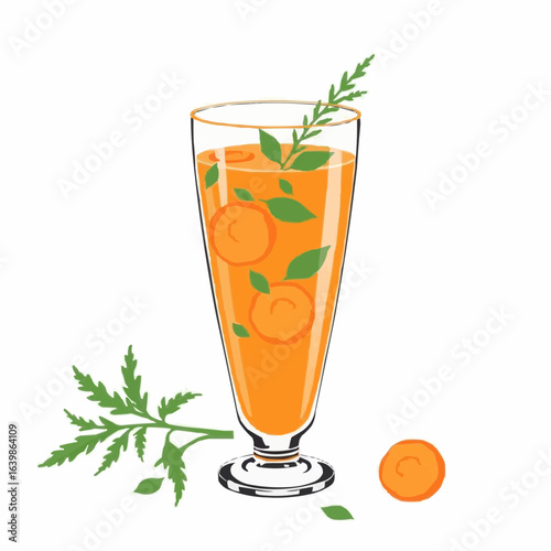 Fresh carrot juice with orange slices and green herbs in glass  