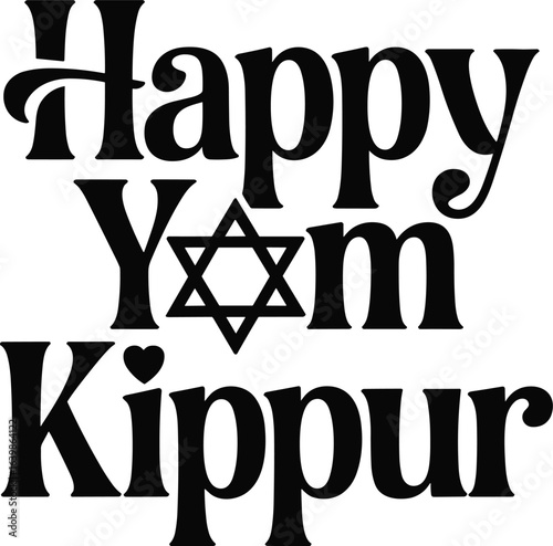 Simple black and white graphic illustration featuring a holiday greeting for yom kippur with jewish star and heart
