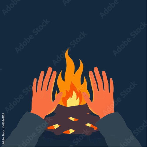 Warm hands warming by fire in dark night background  