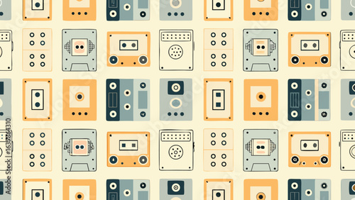 Retro cassette tape pattern with vintage audio players and recorders in a repeated seamless design style