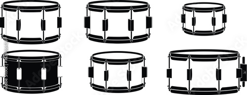 Snare drum illustrations in black and white, cylindrical percussion instruments, tension rods, lugs, varied designs, vector music icons, drum hardware details