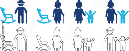 Family icon set. Line art icons design containing parents, mother, father, children, baby, grandparents, and household icons. Solid icon collection. Vector illustration.