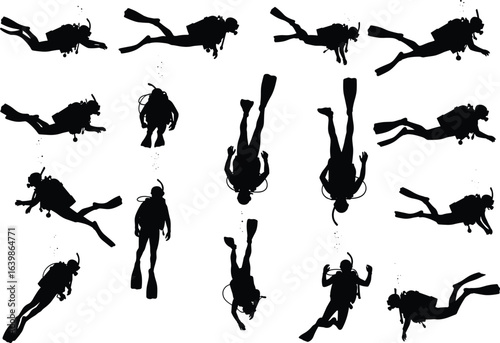 Scuba divers silhouettes set, underwater swimming and exploring, snorkeling gear, flippers and oxygen tanks, isolated black vector illustration, diving poses