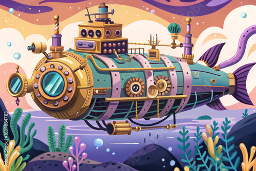 Steampunk submarine with brass pipes, gears, and ornate detailing explores deep ocean trenches, fantasy adventure art, retrofuturistic marine design, and imaginative underwater exploration