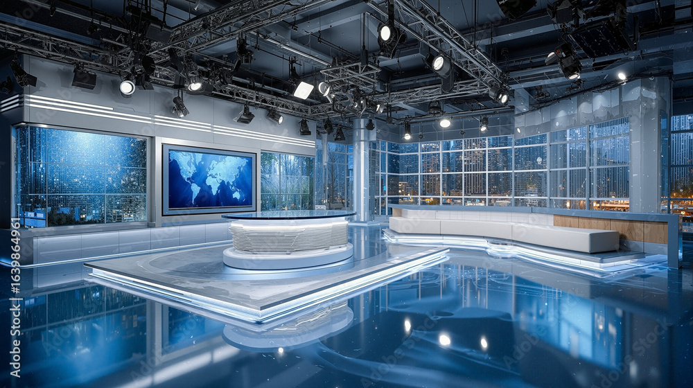 Fototapeta premium Virtual TV news studio set with LED screen and illuminated futuristic platform in modern sleek style