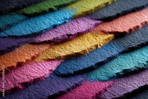 Assortment of colorful pastel sticks with fine pigment dust on a dark gray surface seen in studio
