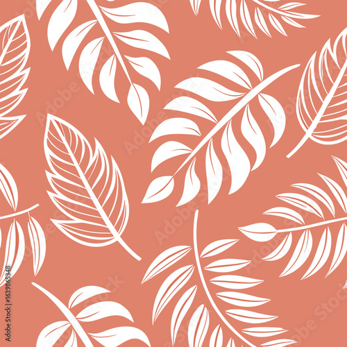 White tropical leaves and fronds on a coral pink seamless background pattern vector illustration