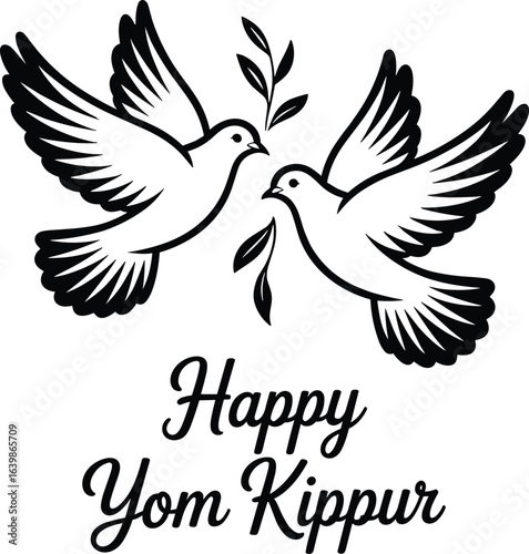 Happy yom kippur greeting with two doves and olive branch in a clean black and white design