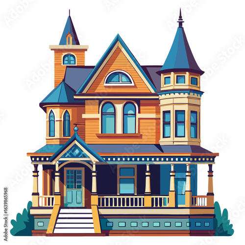 Colorful victorian house illustration on white background